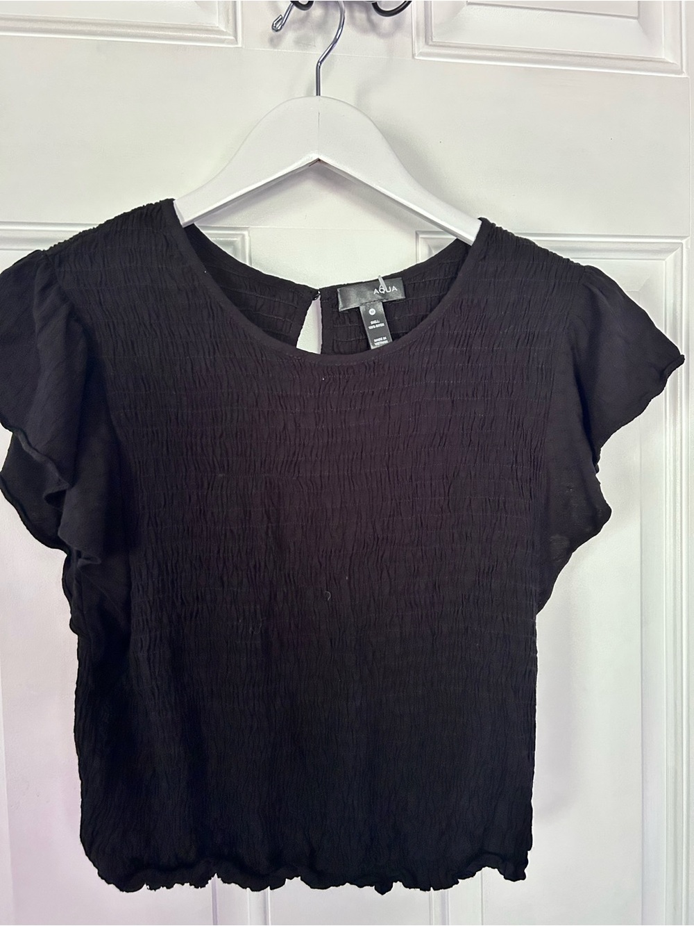 Aqua Black Crinkle Short-Sleeve Ruffle Top
